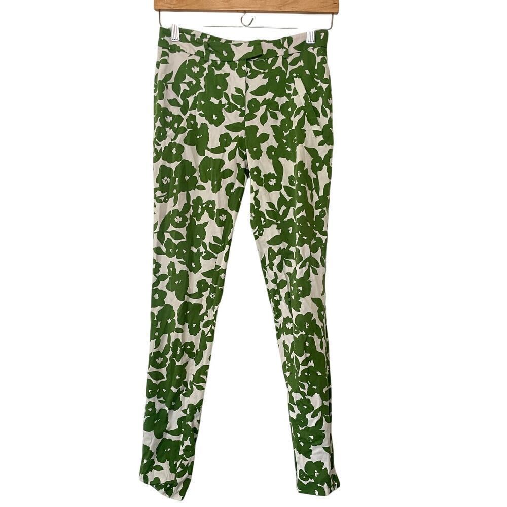Bessini Green and Cream Floral Slim Leg Zip Ankle Cotton Blend Pants • Sz 34 🔴